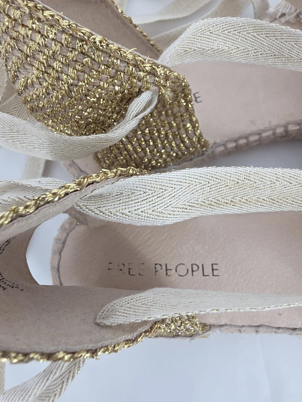 Free People Vida Espadrilles Womens 8 Ivory Gold Crochet Lace Up Boho Flats